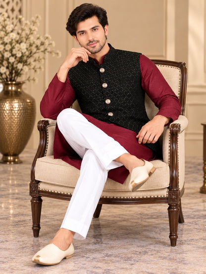 Men Premium Black Textured Embellished Nehru Jacket (Bundi)