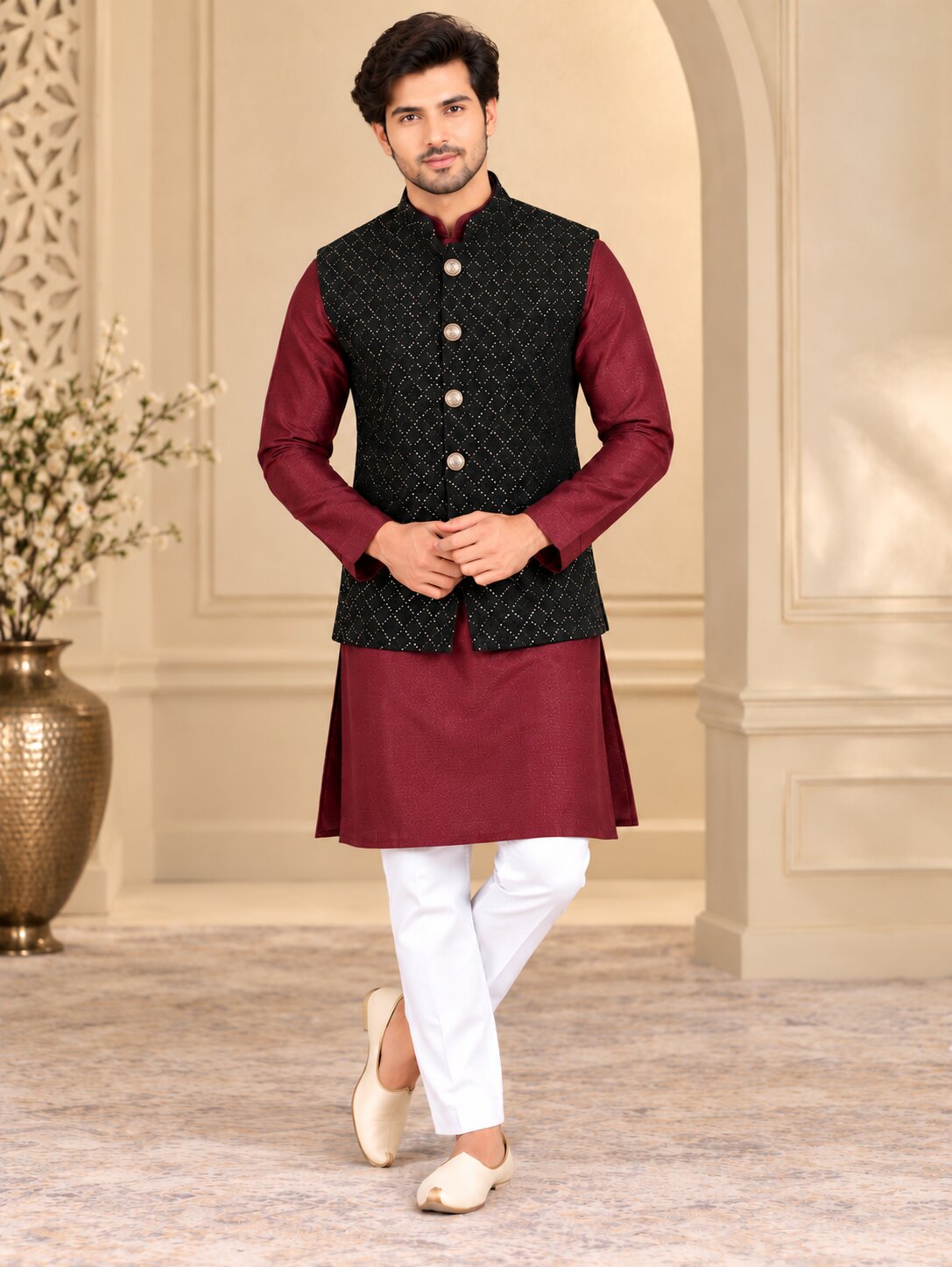 Men Premium Black Textured Embellished Nehru Jacket (Bundi)