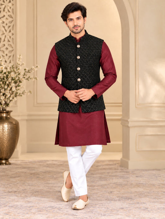 Men Premium Black Textured Embellished Nehru Jacket (Bundi)
