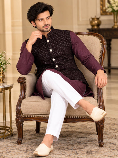 Men Wine Embellished Nehru Jacket