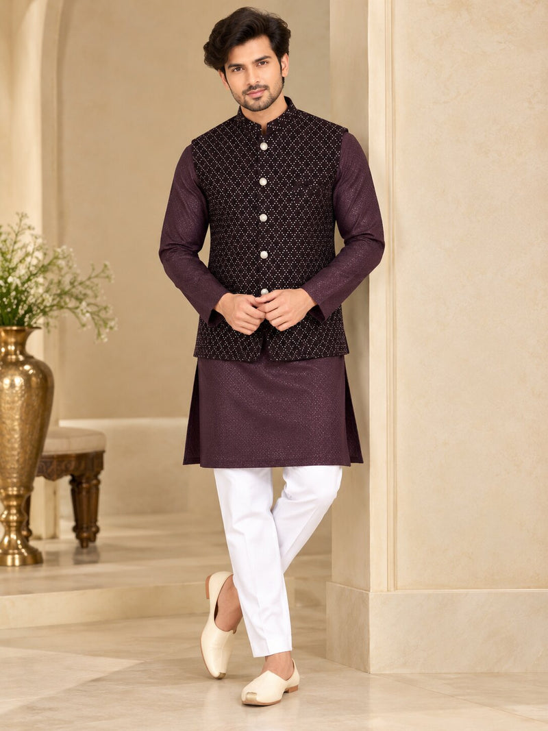 Men Wine Embellished Nehru Jacket