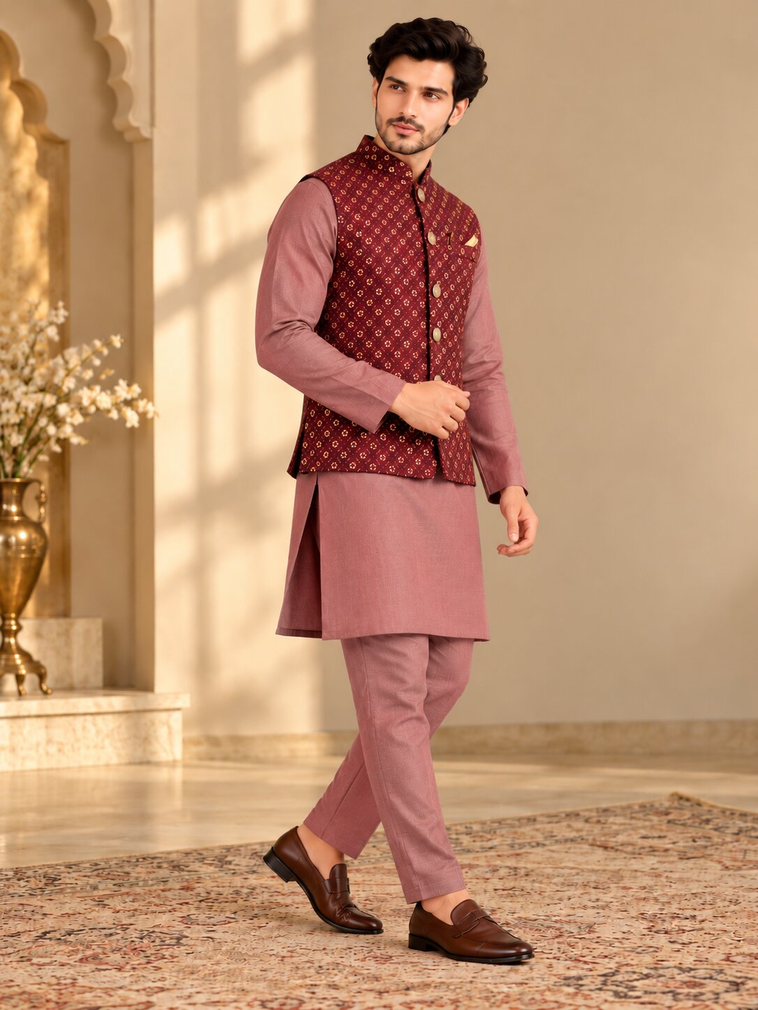 Men's Maroon Printed Nehru Jacket