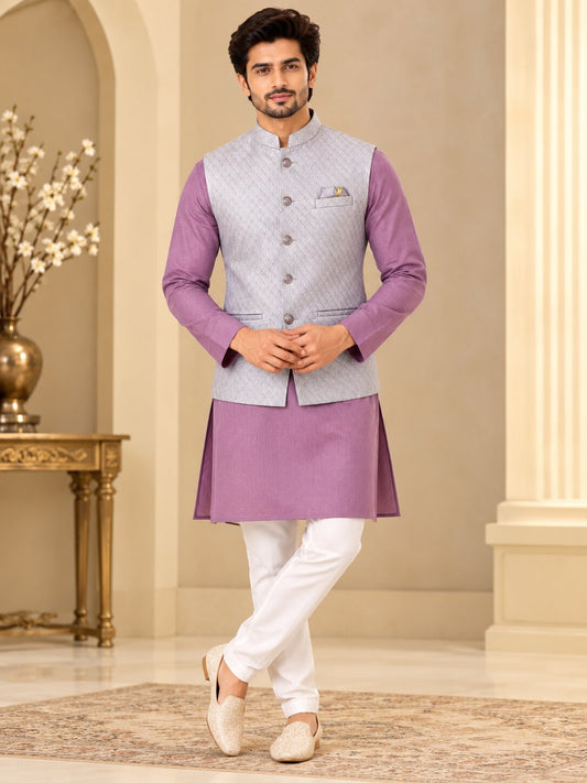 Men Light Purple Jacquard Nehru Jacket