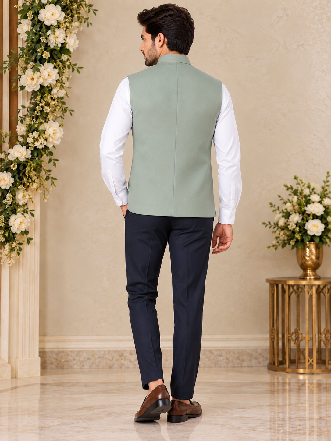 Men Premium Pista Green Solid Nehru Jacket (Bundi)