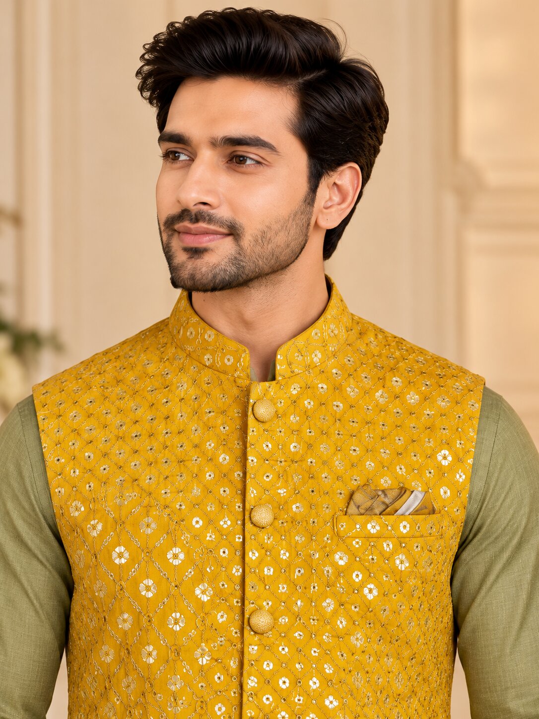 Men's Mustard Embroidered Nehru Jacket