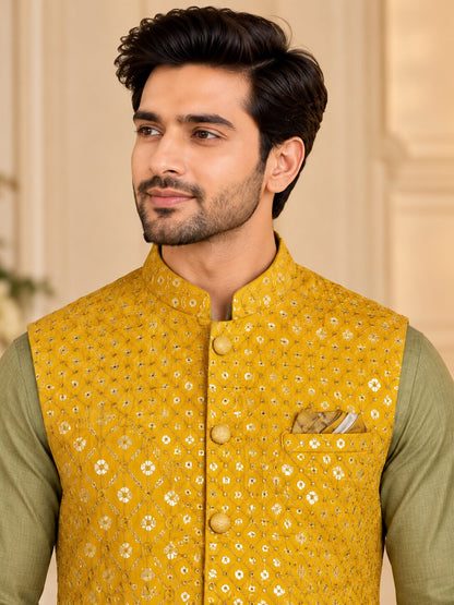 Men's Mustard Embroidered Nehru Jacket