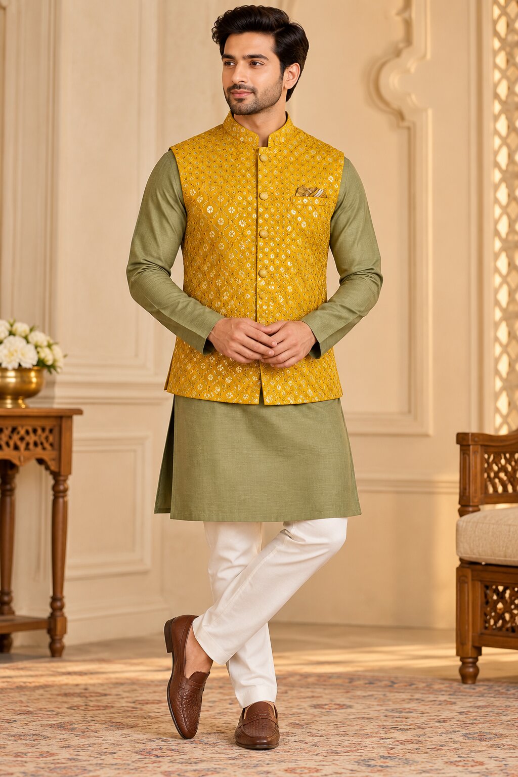 Men's Mustard Embroidered Nehru Jacket