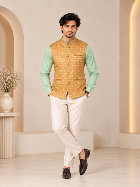 Men's Premium Yellow Printed Nehru Jacket (Bundi)