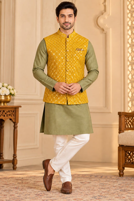 Men's Mustard Embroidered Nehru Jacket