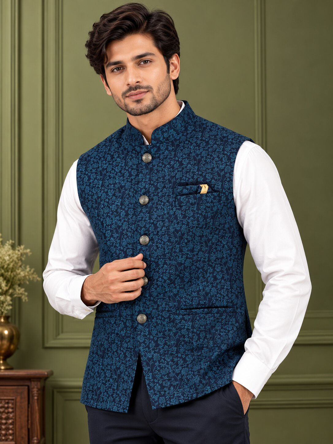 Men Rama Blue Floral Printed Nehru Jacket (Bundi)
