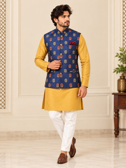 Men's Premium Royal Blue Ethnic Printed Nehru Jacket (Bundi)
