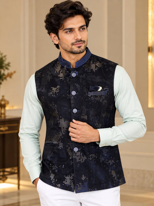 Men Navy Blue Abstract Printed Nehru Jacket