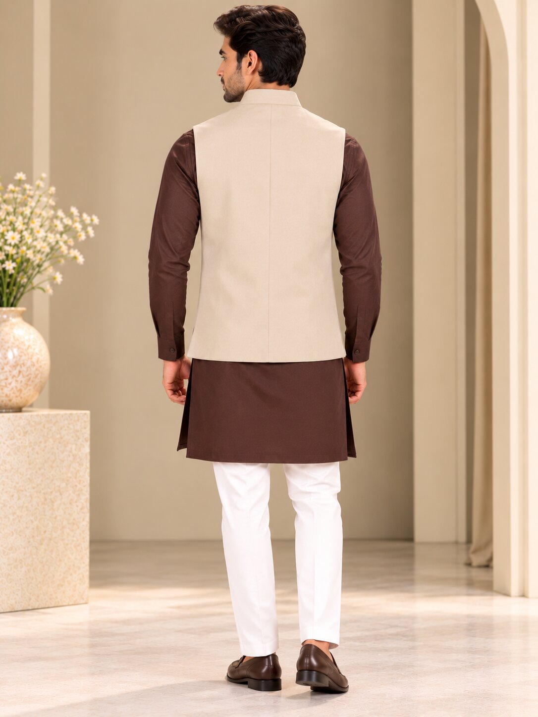 Men Fawn Solid Nehru Jacket (Bundi)