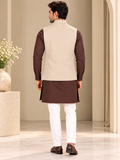 Men Fawn Solid Nehru Jacket (Bundi)