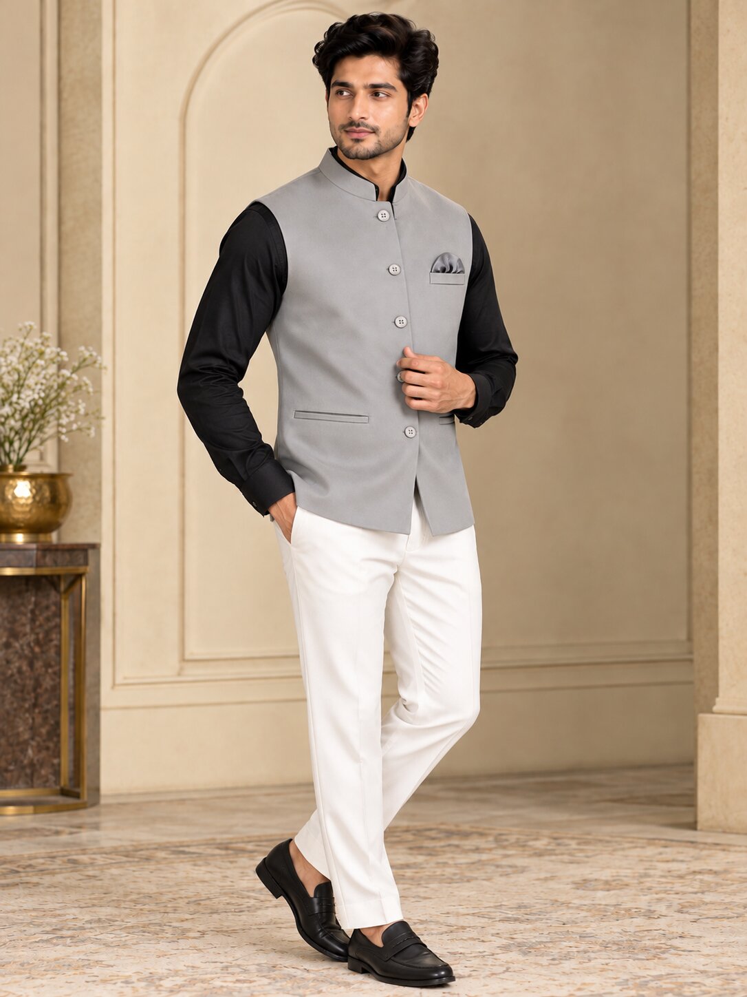 Men Premium Grey Solid Nehru Jacket (Bundi)