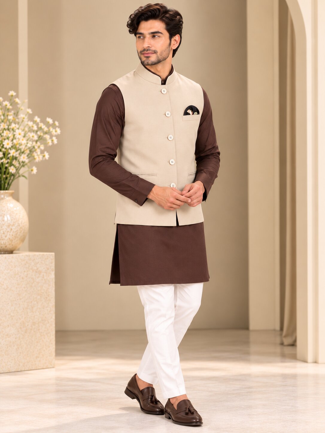 Men Fawn Solid Nehru Jacket (Bundi)