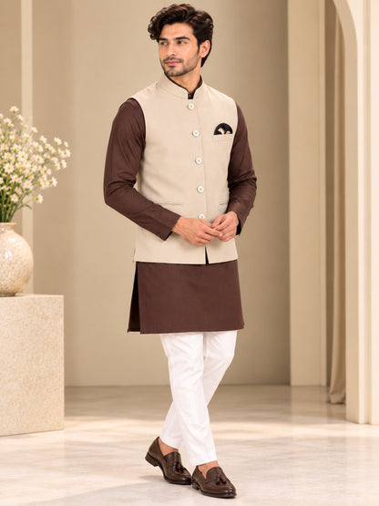 Men Fawn Solid Nehru Jacket (Bundi)