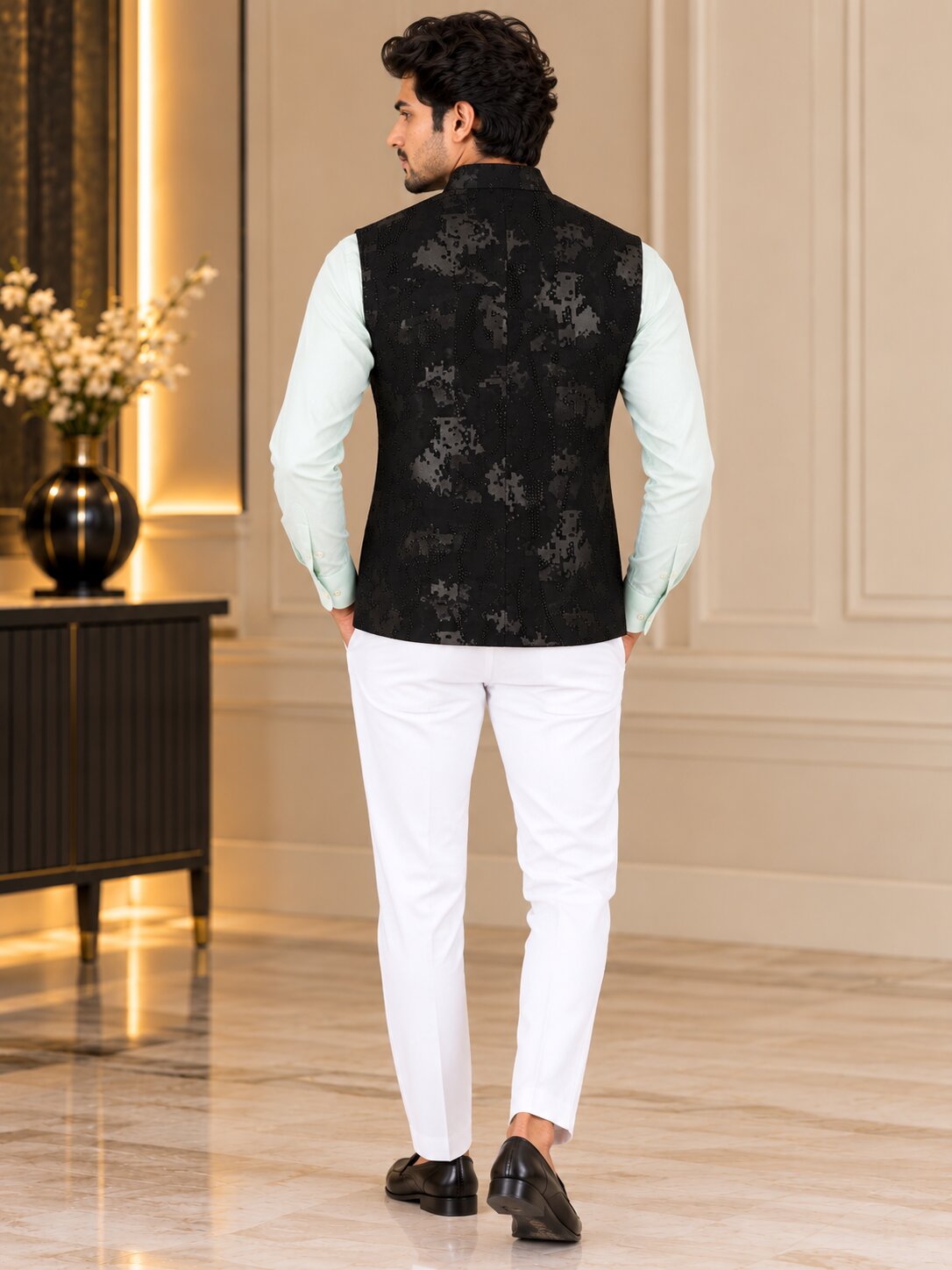 Men Black Abstract Printed Nehru Jacket