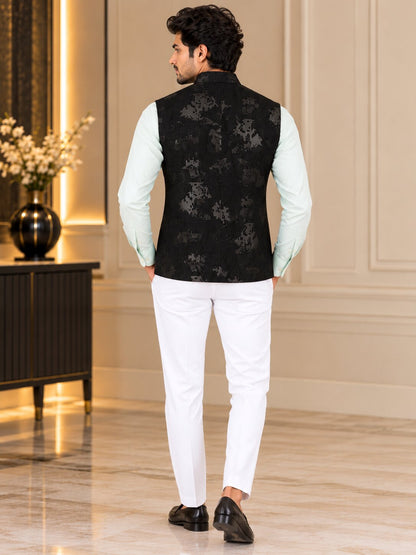 Men Black Abstract Printed Nehru Jacket