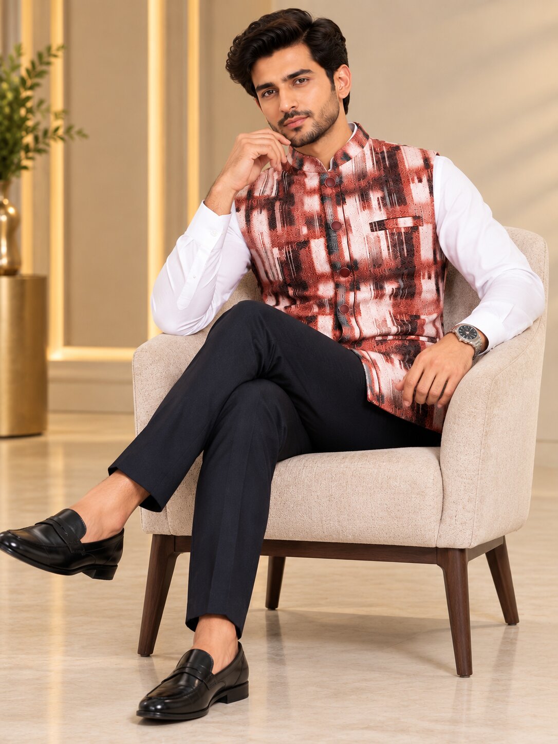 Men Wine Abstract Printed Nehru Jacket (Bundi)