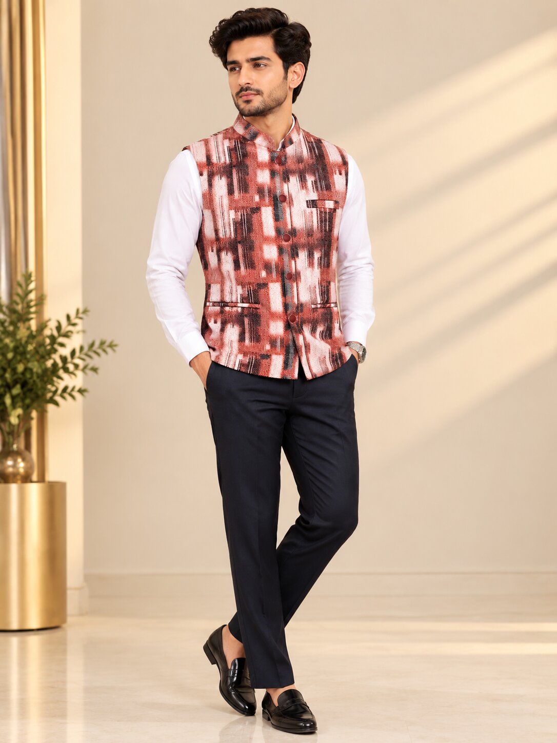 Men Wine Abstract Printed Nehru Jacket (Bundi)