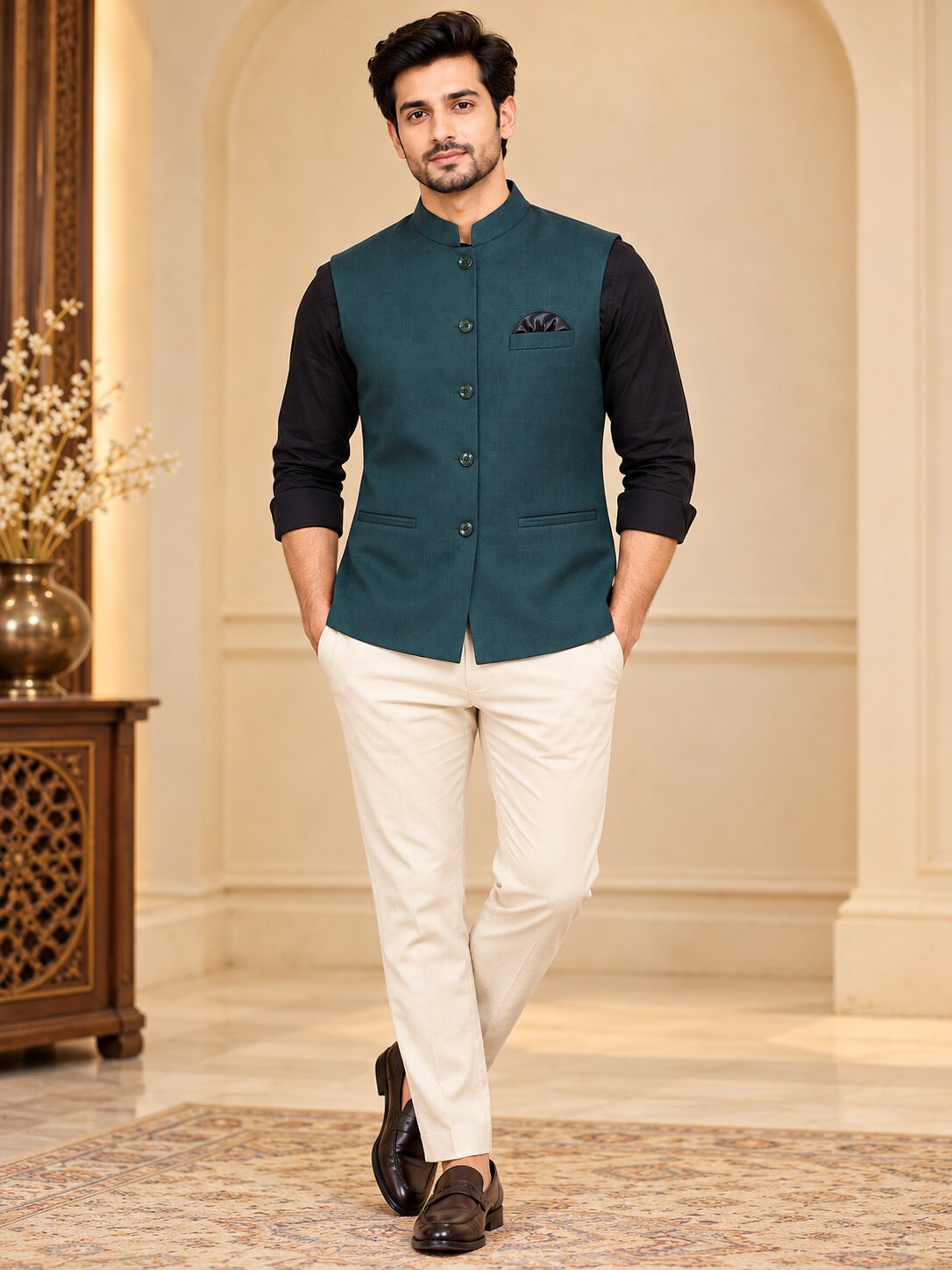 Men Premium Bottle Green Nehru Jacket (Bundi)