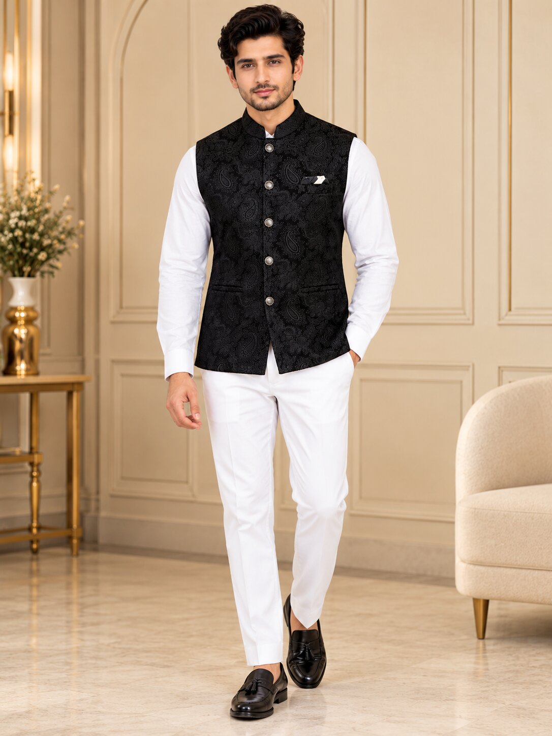 Men Black Paisley Jacquard Nehru Jacket