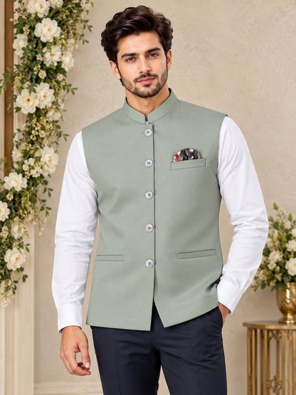 Men Premium Pista Green Solid Nehru Jacket (Bundi)