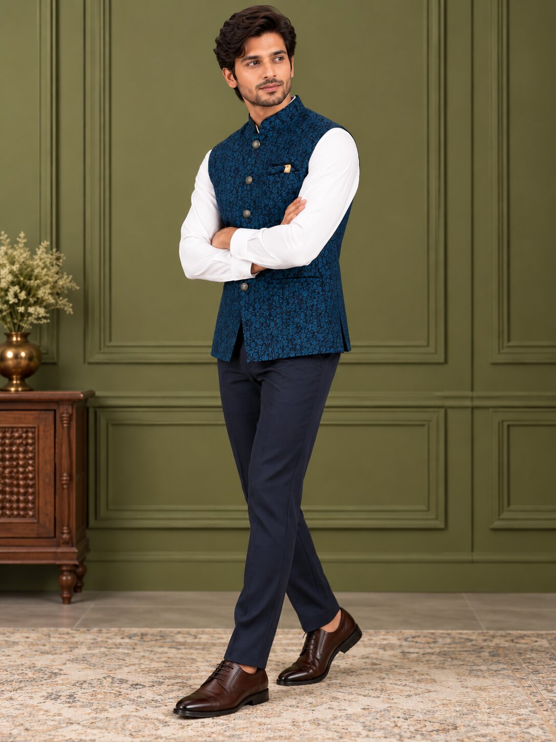Men Rama Blue Floral Printed Nehru Jacket (Bundi)