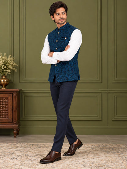 Men Rama Blue Floral Printed Nehru Jacket (Bundi)