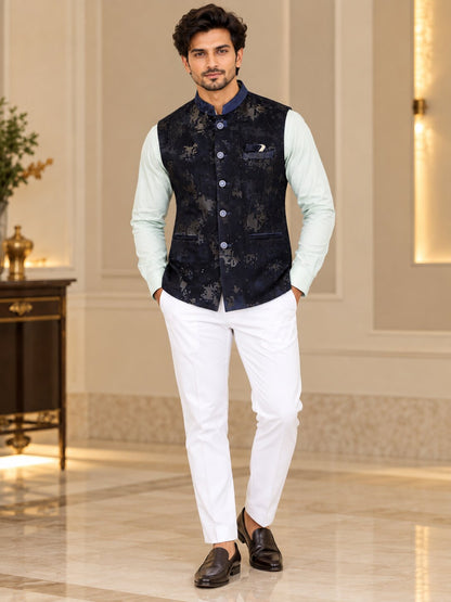 Men Navy Blue Abstract Printed Nehru Jacket