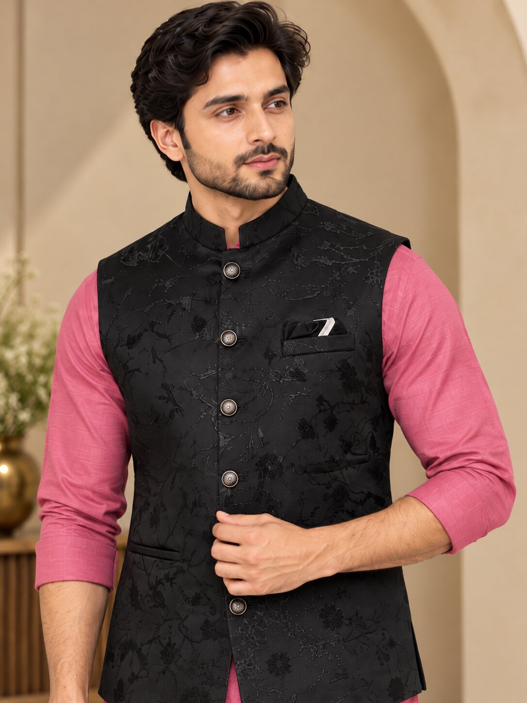 Men Premium Black Floral Jacquard Nehru Jacket (Bundi)