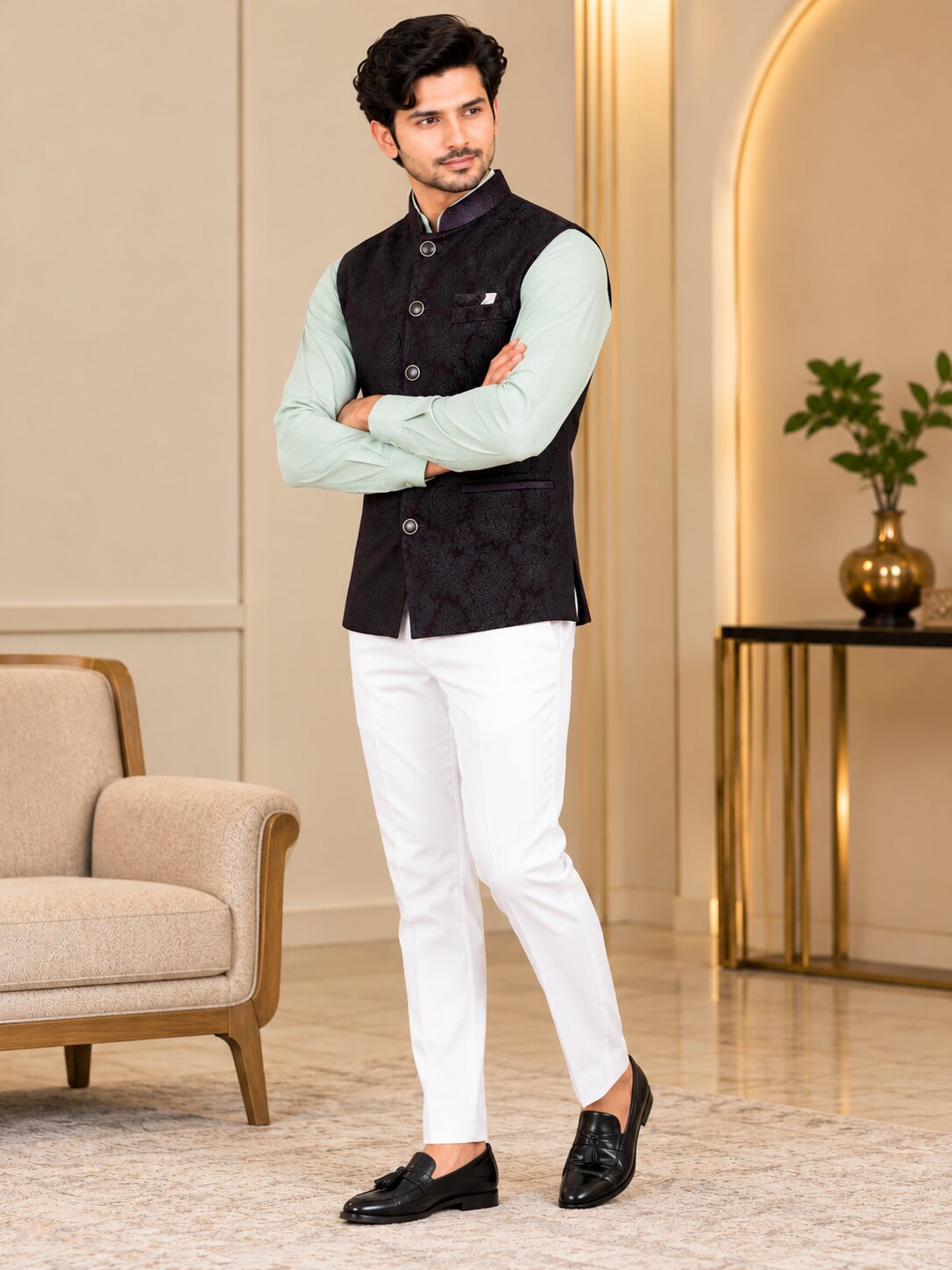 Men Wine Paisley Jacquard Nehru Jacket