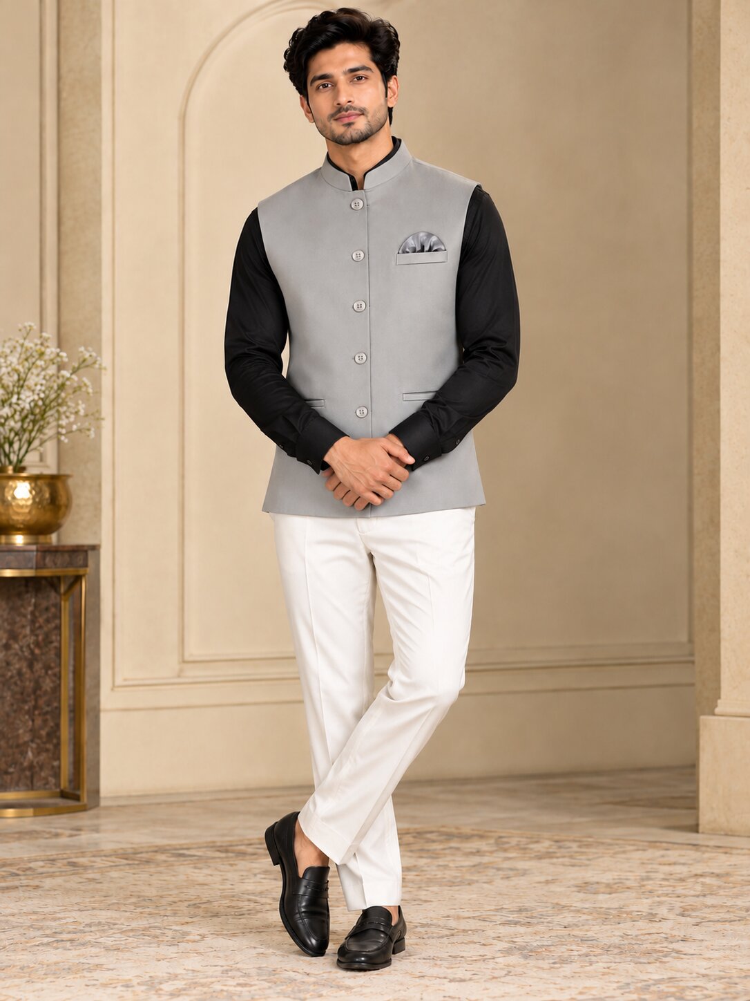 Men Premium Grey Solid Nehru Jacket (Bundi)