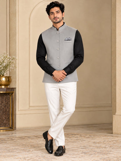 Men Premium Grey Solid Nehru Jacket (Bundi)