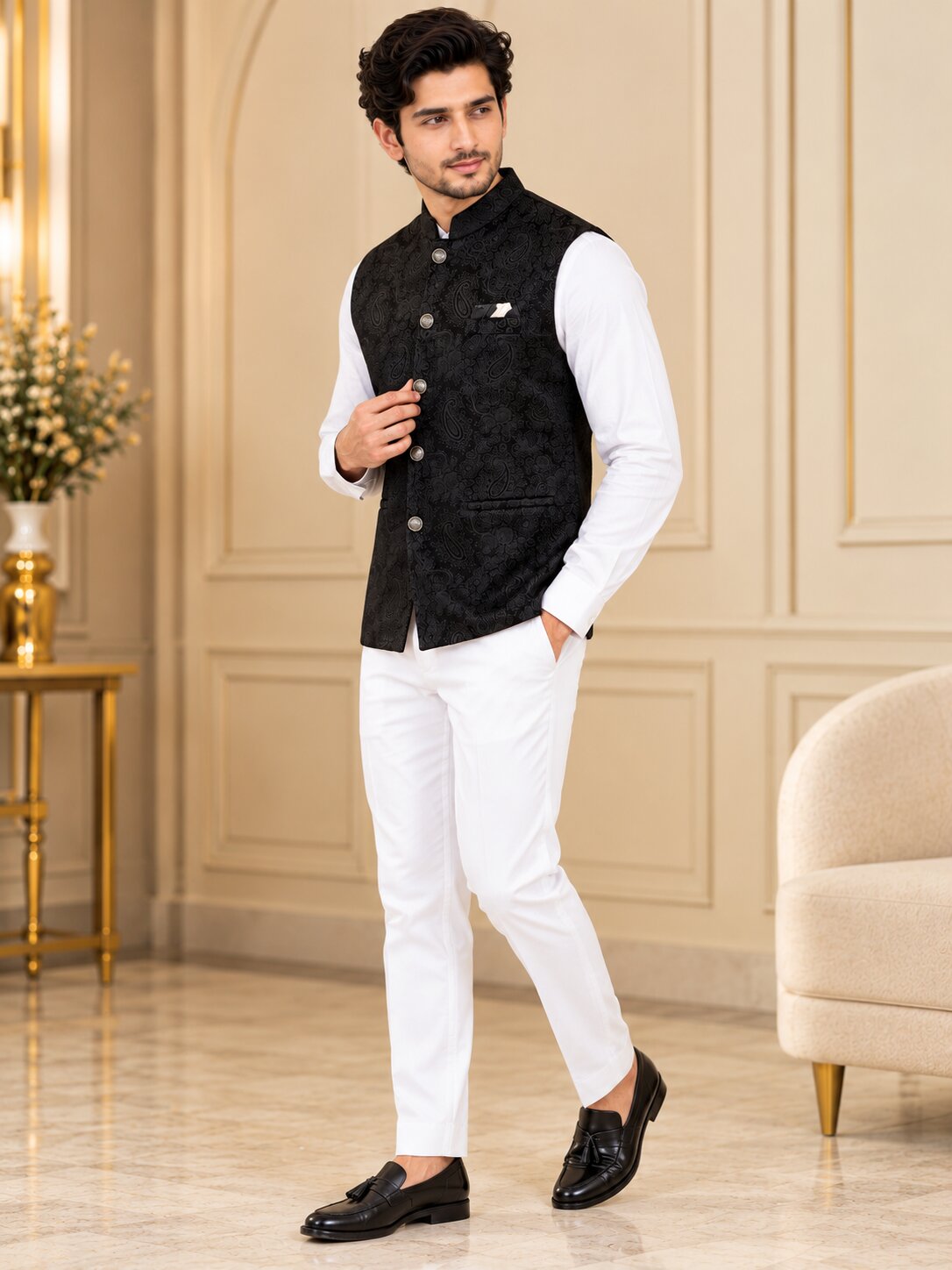 Men Black Paisley Jacquard Nehru Jacket