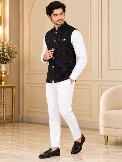 Men Black Paisley Jacquard Nehru Jacket