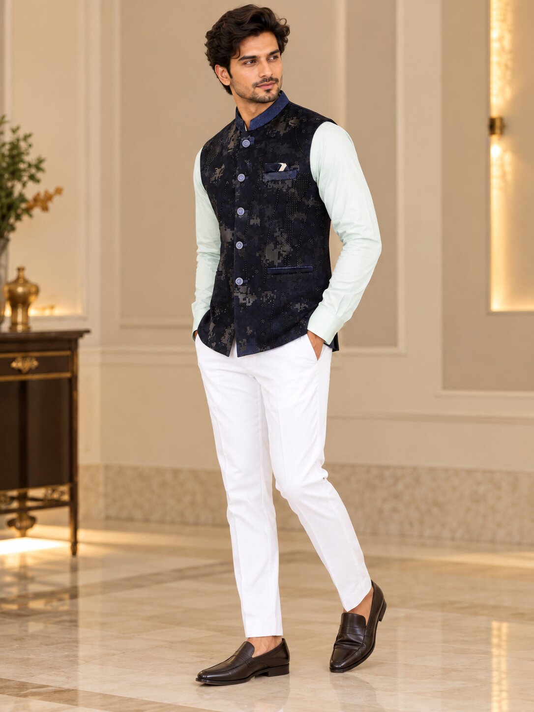 Men Navy Blue Abstract Printed Nehru Jacket