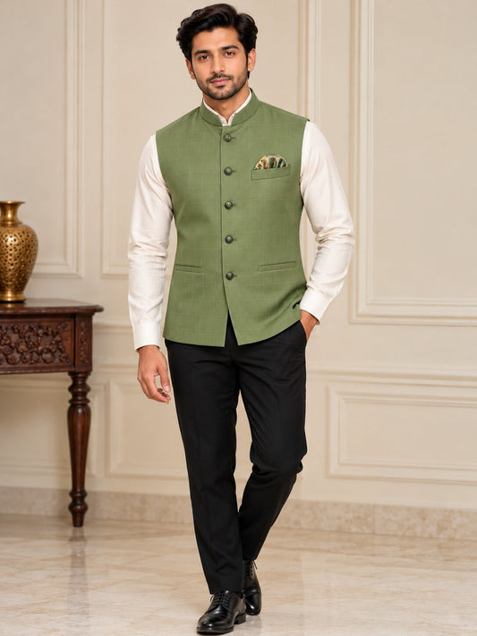 Men's Premium Mehndi Green Checked Nehru Jacket (Bundi)