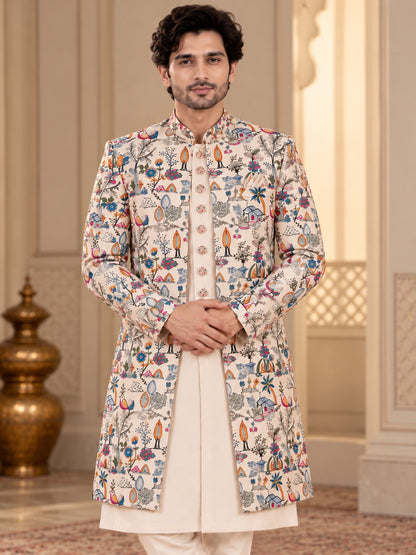 Men Premium Peach Embroidered Front Open Indo Western Sherwani Set