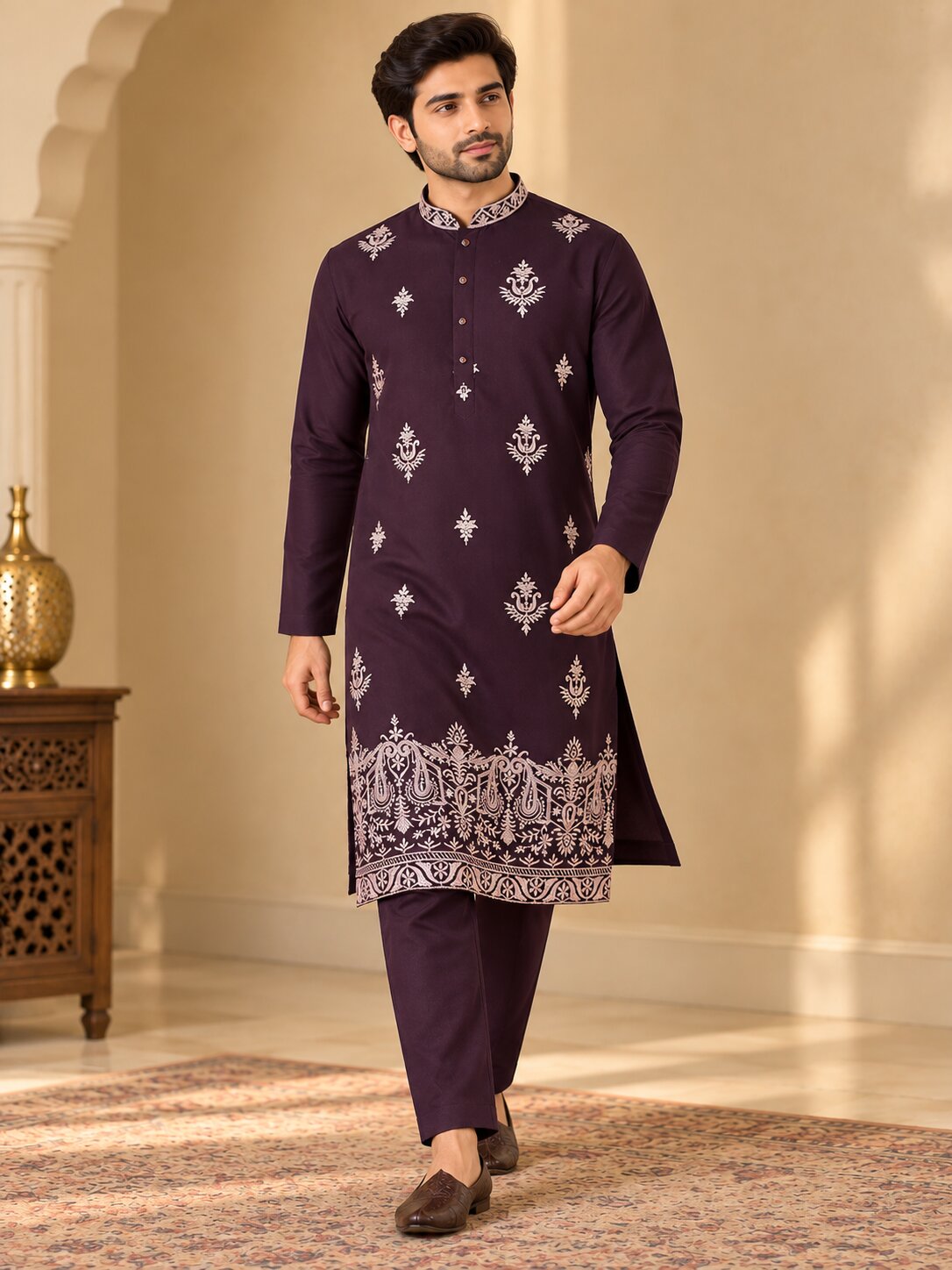 Men Premium Wine Embroidered Kurta Pyjama Set