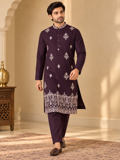 Men Premium Wine Embroidered Kurta Pyjama Set