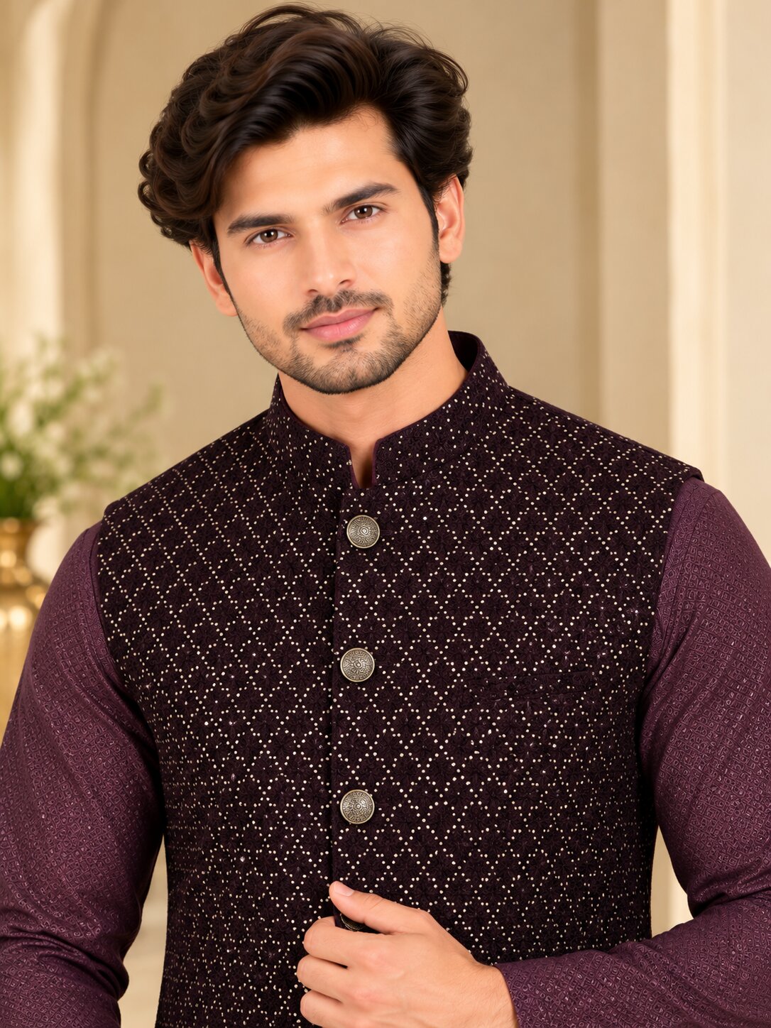 Men Wine Embellished Nehru Jacket