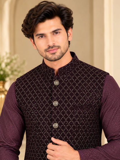 Men Wine Embellished Nehru Jacket