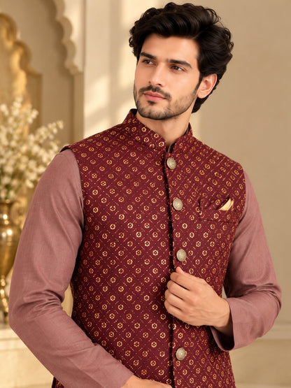 Men's Maroon Printed Nehru Jacket