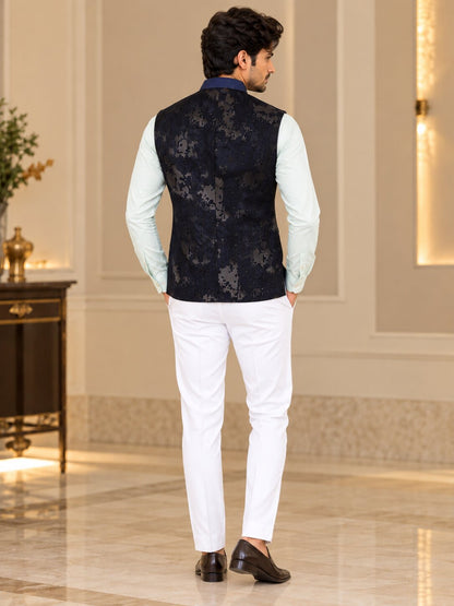 Men Navy Blue Abstract Printed Nehru Jacket