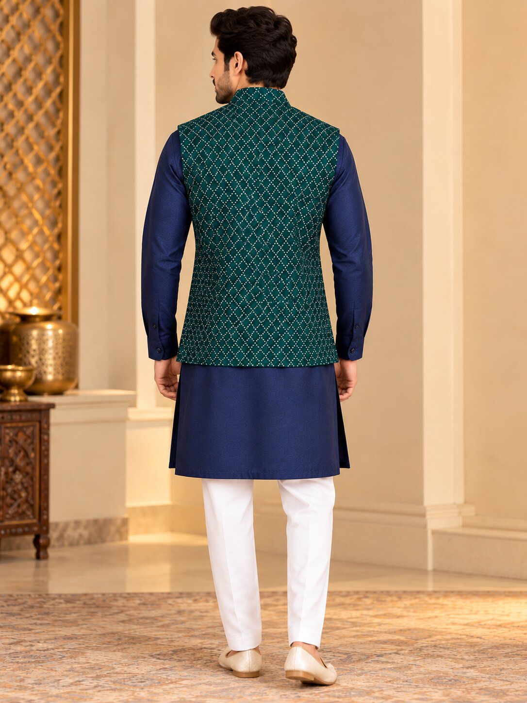 Men's Green Embellished Nehru Jacket