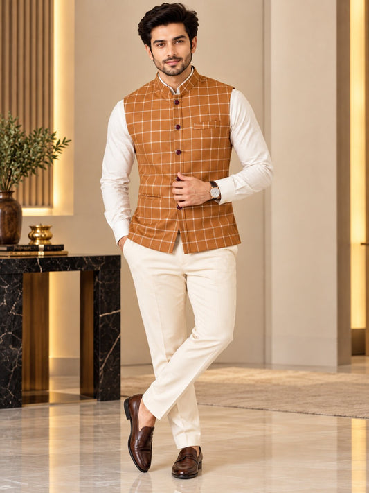 Men's Premium Brown Checked Nehru Jacket (Bundi)