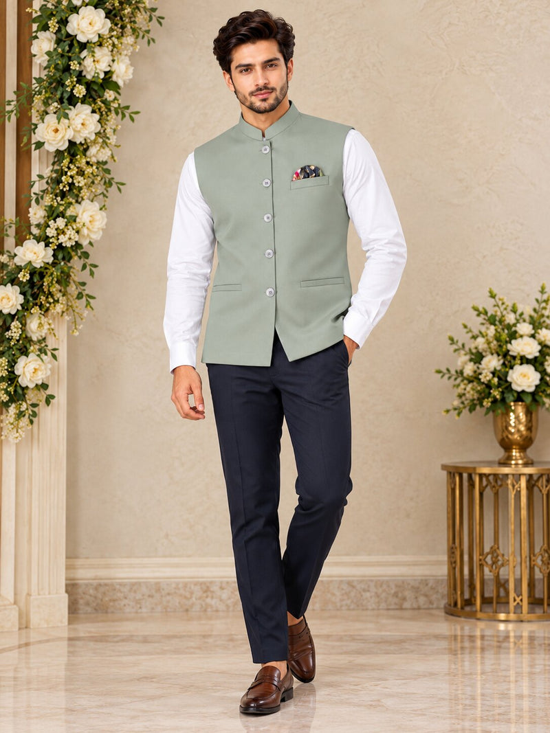 Men Premium Pista Green Solid Nehru Jacket (Bundi)