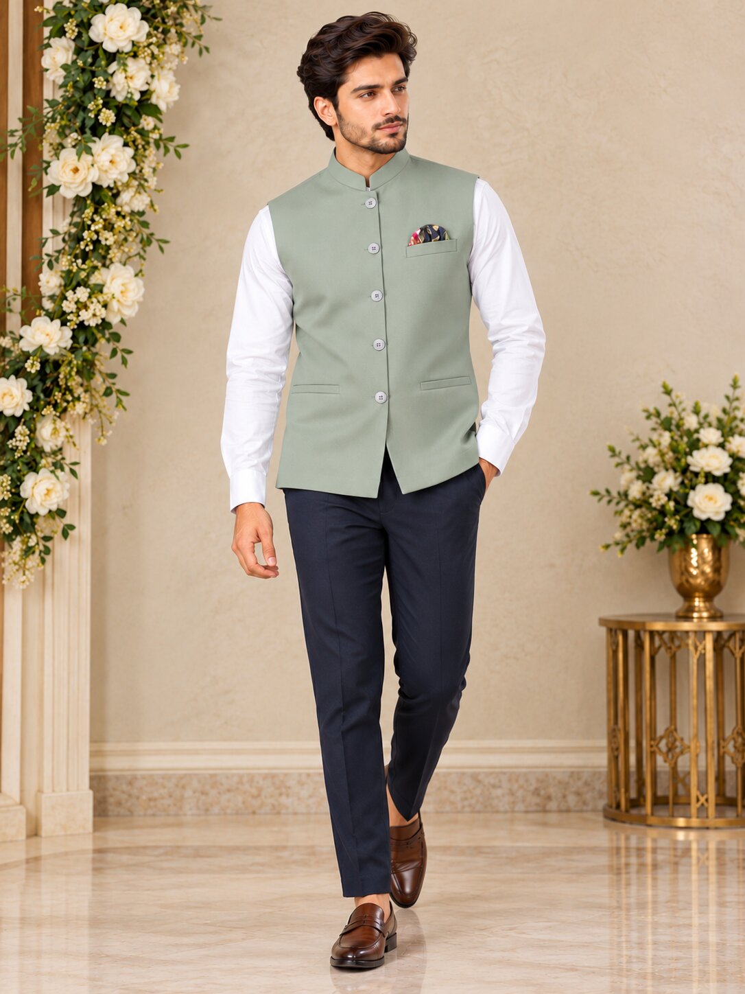 Men Premium Pista Green Solid Nehru Jacket (Bundi)
